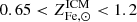 $ 0.65 < Z^{\mathrm{ICM}}_{\mathrm{Fe,\odot}} < 1.2 $