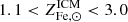 $ 1.1 < Z^{\mathrm{ICM}}_{\mathrm{Fe,\odot}} < 3.0 $