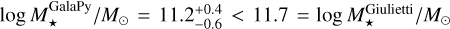 $\log M_ \star ^{{\rm{GalaPy}}}/{M_ \odot } = 11.2_{ - 0.6}^{ + 0.4} < 11.7 = \log M_ \star ^{{\rm{Giulietti}}}/{M_ \odot }$