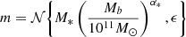 $$ \begin{aligned} m=\mathcal{N}\Biggl \{M_*\left(\frac{M_b}{10^{11}{M_{\odot }}}\right)^{\alpha _*},\epsilon \Biggl \} \end{aligned} $$