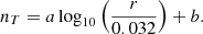 $$ \begin{aligned} n_T = a \log _{10} \left( \frac{r}{0.032} \right) + b. \end{aligned} $$