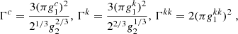 $$ \begin{aligned} \Gamma ^c = \frac{3(\pi g_1^c)^2}{2^{1/3}g_2^{2/3}}, \, \Gamma ^k = \frac{3(\pi g_1^k)^2}{2^{2/3}g_2^{1/3}}, \, \Gamma ^{kk} = 2(\pi g_1^{kk})^2 \;, \end{aligned} $$