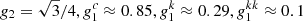 $ g_2 = \sqrt{3}/4, g_1^c\approx 0.85, g_1^k\approx 0.29, g_1^{kk}\approx 0.1 $
