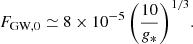 $$ \begin{aligned} F_{\rm GW, 0} \simeq 8 \times 10^{-5} \, \biggl (\frac{10}{g_*} \biggr )^{1/3}. \end{aligned} $$
