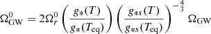 $$ \begin{aligned} \Omega ^{0}_{\mathrm{GW}} = 2\Omega _{r}^{0}\left(\frac{g_{*}(T)}{g_{*}(T_{\mathrm{eq}})}\right)\left(\frac{g_{*s}(T)}{g_{*s}(T_{\mathrm{eq}})}\right)^{-\frac{4}{3}}\Omega _{\mathrm{GW}}\, \end{aligned} $$