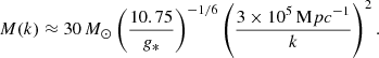 $$ \begin{aligned} M(k)\approx 30 \,M_\odot \left(\frac{10.75}{g_*}\right)^{-1/6}\left(\frac{3\times 10^5\,\mathrm Mpc^{-1}}{k}\right)^{2}. \end{aligned} $$