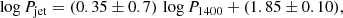 $$ \begin{aligned} \log P_{\mathrm{jet} }=(0.35 \pm 0.7)\,\log P_{1400}+(1.85 \pm 0.10) , \end{aligned} $$