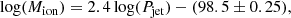 $$ \begin{aligned} \log (M_{\mathrm{ion} })=2.4\log (P_{\mathrm{jet} })-(98.5\pm 0.25), \end{aligned} $$