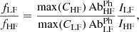 $$ \begin{aligned} \frac{f_{\mathrm{LF}}}{f_{\mathrm{HF}}} = \frac{\max (C_{\mathrm{HF}}) \, \mathrm{Ab}_{\mathrm{HF}}^\mathrm{Ph}}{\max (C_{\mathrm{LF}}) \, \mathrm{Ab}_{\mathrm{LF}}^\mathrm{Ph}}\frac{I_{\mathrm{LF}}}{I_{\mathrm{HF}}}, \end{aligned} $$