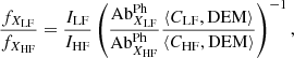 $$ \begin{aligned} \frac{f_{X_{\rm LF}}}{f_{X_{\rm HF}}} = \frac{I_{\rm LF}}{I_{\rm HF}} \left(\frac{\mathrm{Ab}_{X_{\rm LF}}^\mathrm{Ph}}{\mathrm{Ab}_{X_{\rm HF}}^\mathrm{Ph}}\frac{\langle C_{\rm LF}, \mathrm{DEM}\rangle }{\langle C_{\rm HF}, \mathrm{DEM}\rangle }\right)^{-1}, \end{aligned} $$