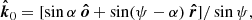$$ \begin{aligned} {\boldsymbol{\hat{k}}}_0=[ \sin \alpha \ {\boldsymbol{\hat{o}}} +\sin (\psi -\alpha )\ {\boldsymbol{\hat{r}}}]/\sin \psi , \end{aligned} $$