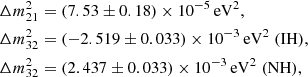 $$ \begin{aligned}&\Delta m_{21}^2 = (7.53 \pm 0.18)\times 10^{-5}\,\mathrm{eV}^2,\nonumber \\&\Delta m_{32}^2 = (-2.519 \pm 0.033)\times 10^{-3}\,\mathrm{eV}^2\; (\mathrm{IH} ),\\&\Delta m_{32}^2 = (2.437 \pm 0.033)\times 10^{-3}\,\mathrm{eV}^2\; (\mathrm{NH} ),\nonumber \end{aligned} $$