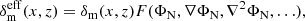 $$ \begin{aligned} \delta _{\rm m}^\mathrm{eff}(x,z) = \delta _{\rm m}(x,z) F(\Phi _{\rm N}, \nabla \Phi _{\rm N}, \nabla ^2 \Phi _{\rm N}, \ldots ), \end{aligned} $$