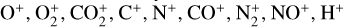 ${{\rm{O}}^ + },{\rm{O}}_2^ + ,{\rm{CO}}_2^ + ,{{\rm{C}}^ + },{{\rm{N}}^ + },{\rm{C}}{{\rm{O}}^ + },{\rm{N}}_2^ + ,{\rm{N}}{{\rm{O}}^ + },{{\rm{H}}^ + }$