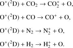 $\matrix{ {{{\rm{O}}^ + }\left( {^2{\rm{D}}} \right) + {\rm{C}}{{\rm{O}}_2} \to {\rm{CO}}_2^ + + {\rm{O}},} \hfill \cr {{{\rm{O}}^ + }\left( {^2{\rm{D}}} \right) + {\rm{CO}} \to {\rm{C}}{{\rm{O}}^ + } + {\rm{O}},} \hfill \cr {{{\rm{O}}^ + }\left( {^2{\rm{D}}} \right) + {{\rm{N}}_2} \to {\rm{N}}_2^ + + {\rm{O}},} \hfill \cr {{{\rm{O}}^ + }\left( {^2{\rm{D}}} \right) + {{\rm{H}}_2} \to {\rm{H}}_2^ + + {\rm{O}}.} \hfill \cr } $