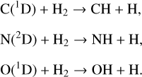 $\matrix{ {{\rm{C}}\left( {^1{\rm{D}}} \right) + {{\rm{H}}_2} \to {\rm{CH}} + {\rm{H}},} \cr {{\rm{N}}\left( {^2{\rm{D}}} \right) + {{\rm{H}}_2} \to {\rm{NH}} + {\rm{H}},} \cr {{\rm{O}}\left( {^1{\rm{D}}} \right) + {{\rm{H}}_2} \to {\rm{OH}} + {\rm{H}}.} \cr } $