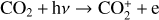 ${\rm{C}}{{\rm{O}}_2} + {\rm{h}}v \to {\rm{CO}}_2^ + + {\rm{e}}$