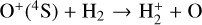 ${{\rm{O}}^ + }\left( {^4{\rm{S}}} \right) + {{\rm{H}}_2} \to {\rm{H}}_2^ + + {\rm{O}}$