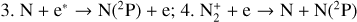 $3.{\rm{N}} + {{\rm{e}}^*} \to {\rm{N}}\left( {^2{\rm{P}}} \right) + {\rm{e}};4.{\rm{N}}_2^ + + {\rm{e}} \to {\rm{N}} + {\rm{N}}\left( {^2{\rm{P}}} \right)$