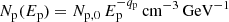 $$ \begin{aligned} N_{\rm p}(E_{\rm p}) = N_{\rm p,0}\, E_{\rm p}^{-q_{\rm p}} \, \mathrm{cm}^{-3}\, \mathrm{GeV}^{-1} \end{aligned} $$