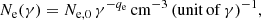 $$ \begin{aligned} N_{\rm e}(\gamma ) = N_{\rm e,0}\, \gamma ^{-q_{\rm e}}\,\mathrm{cm}^{-3}\, (\mathrm{unit\,of}\, \gamma )^{-1}, \end{aligned} $$