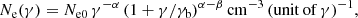 $$ \begin{aligned} N_{\rm e}(\gamma ) = N_{\rm e0} \, \gamma ^{-\alpha } \,(1+\gamma /\gamma _{\rm b})^{\alpha -\beta } \,\mathrm{cm}^{-3}\, (\mathrm{unit \,of}\, \gamma )^{-1}, \end{aligned} $$