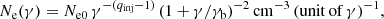 $$ \begin{aligned} N_{\rm e}(\gamma ) = N_{\rm e0} \, \gamma ^{-(q_{\rm inj} - 1)} \, (1+\gamma /\gamma _{\rm b})^{-2} \,\mathrm{cm}^{-3}\, (\mathrm{unit\,of}\, \gamma )^{-1}, \end{aligned} $$