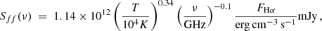 $$ \begin{aligned} S_{ff}(\nu ) ~=~ 1.14 \times 10^{12} \left(\frac{T}{10^4K}\right)^{0.34} \left(\frac{\nu }{\mathrm{GHz}}\right)^{-0.1} \frac{F_{\mathrm{H}\alpha }}{\mathrm{erg \,cm^{-3}\, s^{-1}}} \mathrm{mJy}\,, \end{aligned} $$