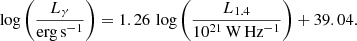 $$ \begin{aligned} \log \left(\frac{L_{\gamma }}{\mathrm{erg\,s^{-1}}}\right) = 1.26 \, \log \left(\frac{L_{1.4}}{10^{21}\,\mathrm{W\,Hz^{-1}}}\right) + 39.04. \end{aligned} $$