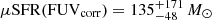 $ \mu \mathrm{SFR}(\mathrm{FUV}_{\mathrm{corr}})=135^{+171}_{-48}\,M_{\odot} $