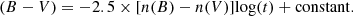 $$ \begin{aligned} (B-V)=-2.5\times [n(B)-n(V)]\mathrm{log} (t)+\mathrm{constant} . \end{aligned} $$