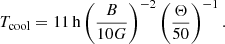 $$ \begin{aligned} T_{\mathrm{cool}}= 11\,\mathrm{h} \left(\frac{B}{10G}\right)^{-2} \left(\frac{\Theta }{50}\right)^{-1}. \end{aligned} $$