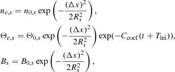 $$ \begin{aligned}&n_{e, s}=n_{0,s} \exp \left(-\frac{(\Delta x)^2}{2 R_s^2}\right),\nonumber \\&\Theta _{e, s}=\Theta _{0,s} \exp \left(-\frac{(\Delta x)^2}{2 R_s^2}\right) \exp (-C_{\mathrm{coef}}(t+T_{\mathrm{ini}})),\\ &B_{s} = B_{0,s}\exp \left(-\frac{(\Delta x)^2}{2 R_s^2}\right), \end{aligned} $$