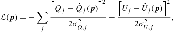 $$ \begin{aligned} \mathcal{L} (\boldsymbol{p})=-\sum _j\frac{\left[Q_j-\hat{Q}_j(\boldsymbol{p})\right]^2}{2\sigma _{Q,j}^2} + \frac{\left[U_j-\hat{U}_j(\boldsymbol{p})\right]^2}{2\sigma _{U,j}^2}, \end{aligned} $$
