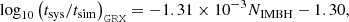$$ \begin{aligned} \log _{10}\left({t_{\mathrm{sys} }}/{t_{\mathrm{sim} }}\right)_\mathtt{GRX }&= -1.31\times 10^{-3} N_{\mathrm{IMBH} } - 1.30, \end{aligned} $$