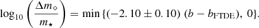 $$ \begin{aligned} \log _{10}\left(\frac{\Delta m_{\diamond }}{m_{\star }}\right) = \min {\{(-2.10 \pm 0.10)\ (b - b_{\mathrm{FTDE} }),\ 0\}}. \end{aligned} $$