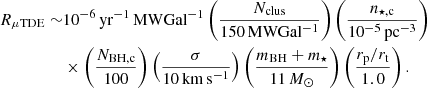 $$ \begin{aligned} R_{\mu \mathrm{TDE} } \sim &10^{-6}\,\mathrm{yr^{-1}\,MWGal^{-1}} \left(\frac{N_{\mathrm{clus} }}{150\,\mathrm{MWGal^{-1}}}\right) \left(\frac{n_{\rm \star ,c }}{10^{-5}\,\mathrm{pc^{-3}}}\right)\nonumber \\&\times \left(\frac{N_{\mathrm{BH,c} }}{100}\right) \left(\frac{\sigma }{10\,\mathrm{km\,s^{-1}}}\right) \left(\frac{m_{\mathrm{BH} }+m_{\star }}{11\,M_\odot }\right) \left(\frac{r_{\mathrm{p} }/r_{\mathrm{t} }}{1.0}\right). \end{aligned} $$