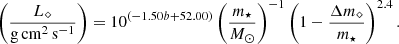 $$ \begin{aligned} \left(\frac{L_{\diamond }}{\mathrm{g}\,\mathrm{cm}^{2}\,\mathrm{s}^{-1}}\right) = 10^{(-1.50 b + 52.00)} \left(\frac{m_{\star }}{M_\odot }\right)^{-1} \left(1 - \frac{\Delta m_{\diamond }}{m_{\star }}\right)^{2.4}. \end{aligned} $$