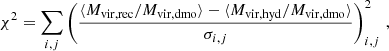 $$ \begin{aligned} \chi ^2 = \sum _{i, j} \left(\frac{\langle M_{\rm vir, rec}/M_{\rm vir, dmo} \rangle - \langle M_{\rm vir, hyd}/M_{\rm vir, dmo} \rangle }{\sigma _{i,j}} \right)_{i, j}^2\,, \end{aligned} $$