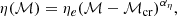 $$ \begin{aligned} \eta (\mathcal{M} ) = \eta _e (\mathcal{M} - \mathcal{M} _{\rm cr})^{\alpha _{\eta }}, \end{aligned} $$
