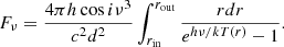 $$ \begin{aligned} F_\nu = \frac{4\pi h \cos i \nu ^3}{c^2 d^2}\int _{r_{\rm in}}^{r_{\rm out}} \frac{rdr}{e^{h\nu /kT(r)}-1} . \end{aligned} $$