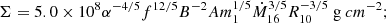 $$ \begin{aligned} \Sigma&= 5.0\times 10^{8}\alpha ^{-4/5}f^{12/5}B^{-2}Am_1^{1/5}\dot{M}_{16}^{3/5}R_{10}^{-3/5}~\mathrm g~cm^{-2} ;\end{aligned} $$