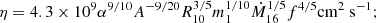 $$ \begin{aligned} \eta&= 4.3\times 10^{9}\alpha ^{9/10}A^{-9/20}R_{10}^{3/5}m_1^{1/10}\dot{M}_{16}^{1/5}f^{4/5}\mathrm {cm}^2~\mathrm {s}^{-1} ;\end{aligned} $$