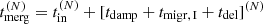 $ t_\mathrm{merg}^{(N)} = t_\mathrm{in}^{(N)} + [{ t_\mathrm{damp} + t_\mathrm{migr,\,I} +t_\mathrm{del}}]^{(N)} $