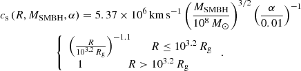 $$ \begin{aligned}&c_\mathrm{s} \left(R,M_{\rm SMBH},\alpha \right)= 5.37 \times 10^{6}\, \mathrm{km} \,\mathrm{s} ^{-1} \left(\frac{M_{\rm SMBH}}{10^8 \,{M}_\odot }\right)^{3/2} \left(\frac{\alpha }{0.01}\right)^{-1}\nonumber \\&\qquad \qquad \qquad \left\{ \begin{array}{l} \left(\frac{R}{10^{3.2}\,R_\mathrm{g} }\right)^{-1.1} \qquad R \le 10^{3.2}\,R_\mathrm{g} \\ \quad 1 \quad \qquad \qquad R > 10^{3.2}\,R_\mathrm{g} \end{array}\right. . \end{aligned} $$