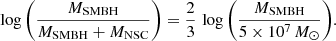 $$ \begin{aligned} \log {\left(\frac{M_{\rm SMBH}}{M_{\rm SMBH}+M_\mathrm{NSC} }\right)} = \frac{2}{3}\, \log {\left(\frac{M_{\rm SMBH}}{5\times 10^{7}\,{{M}_\odot }}\right)}. \end{aligned} $$