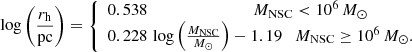 $$ \begin{aligned} \log \left(\frac{r_{\mathrm{h} }}{\mathrm{pc} }\right) = \left\{ \begin{array}{l} 0.538 \qquad \,\qquad \qquad \qquad M_{\mathrm{NSC} } < 10^{6} \,{M}_\odot \\ 0.228\, \log \left(\frac{M_\mathrm{NSC} }{{M}_\odot }\right) -1.19 \quad M_{\mathrm{NSC} } \ge 10^{6} \,{M}_\odot . \end{array}\right. \end{aligned} $$