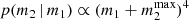 $$ \begin{aligned} p(m_2\,|\,m_1)\propto (m_1+m_2^\mathrm{max} )^4 \end{aligned} $$