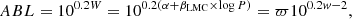 $$ \begin{aligned} ABL= 10^{0.2W}= 10^{0.2(\alpha + \beta _{\rm LMC} \times \log P)} = \varpi 10^{0.2{ w}-2}, \end{aligned} $$
