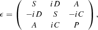 $$ \begin{aligned} \epsilon = \left(\begin{array}{ccc} S&iD&A \\ -iD&S&-iC \\ A&iC&P \end{array}\right), \end{aligned} $$